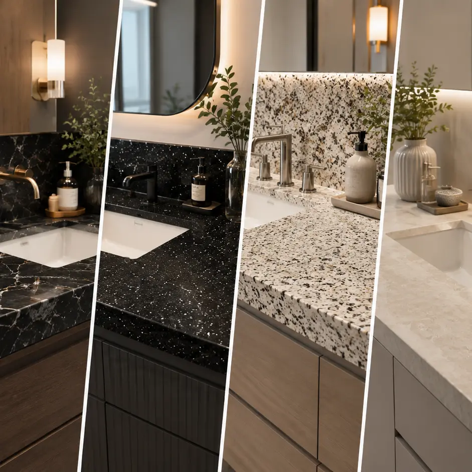 Diferentes acabados de materiales de encimeras de baño